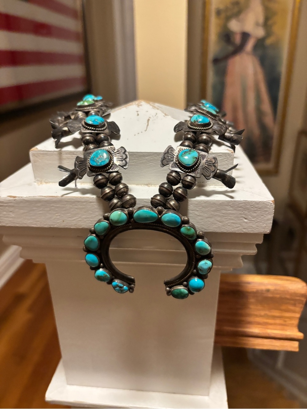 Estate/Vintage exquisite Turquoise and Sterling silver squash Blossom Necklace - Picture 9 of 14